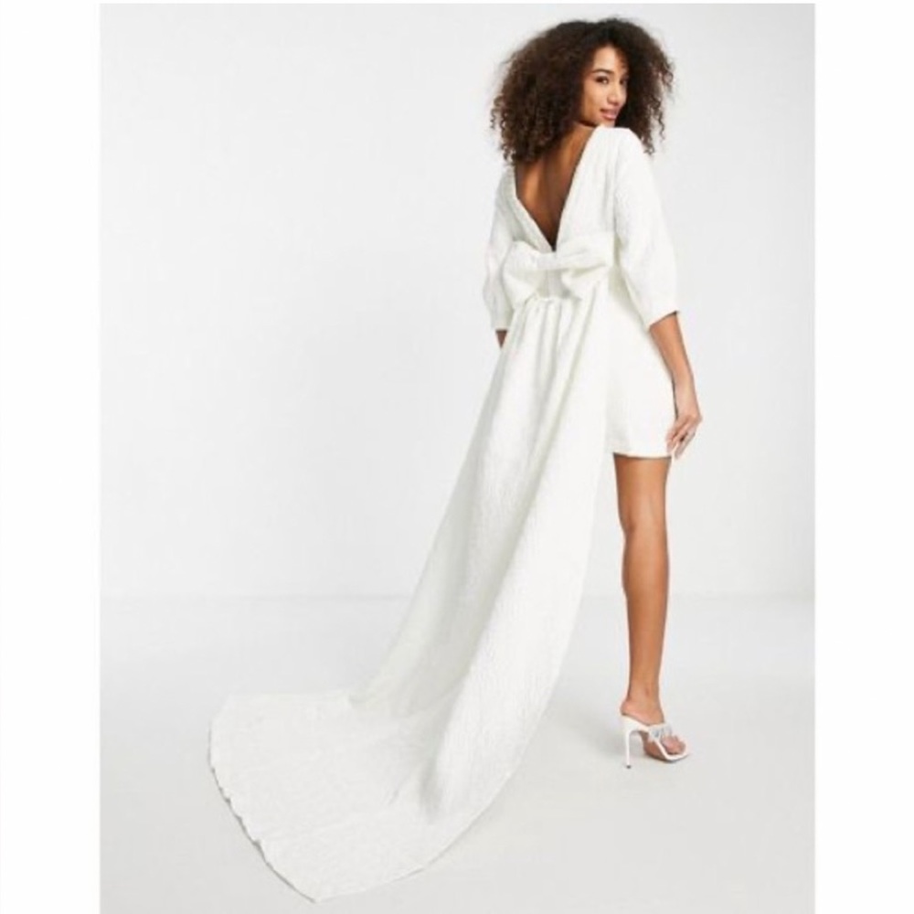 Sister Jane bridal puff sleeve mini dress with train